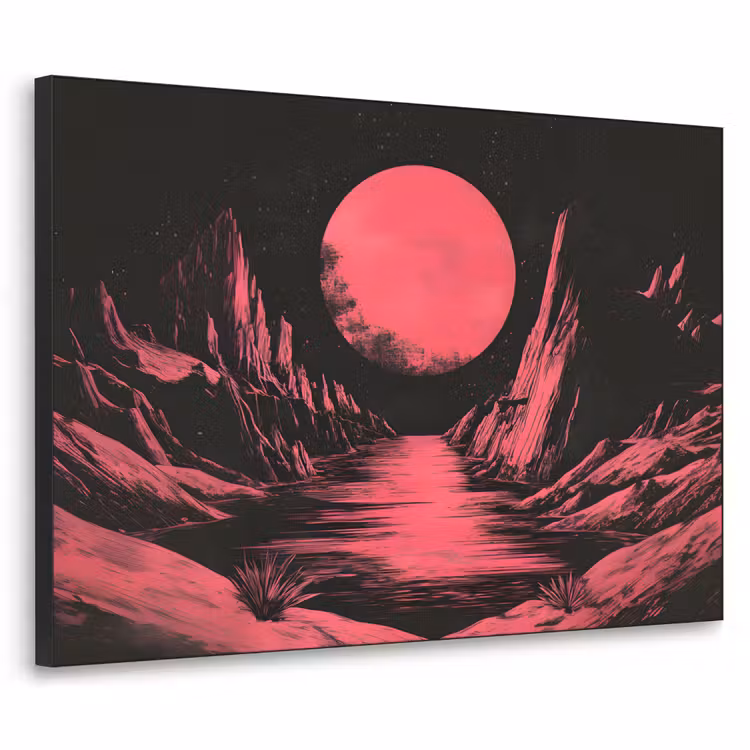 Maan - Felroze - Bergen - Rivier Textielframe zwart klein -3d