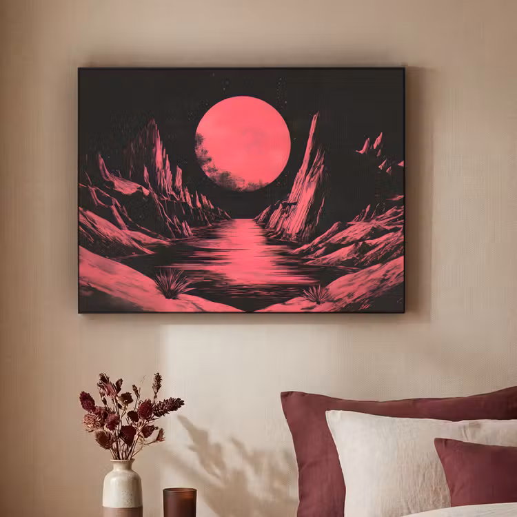 Maan - Felroze - Bergen - Rivier Textielframe zwart klein -sfeer1