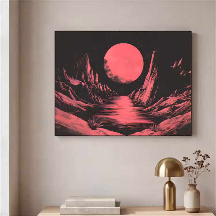 Maan - Felroze - Bergen - Rivier Textielframe zwart klein -sfeer2