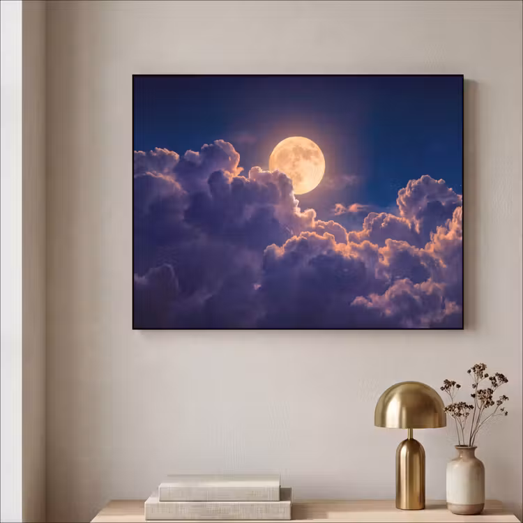 Maan - Wolken - Nacht - Oranje Textielframe zwart klein -sfeer2