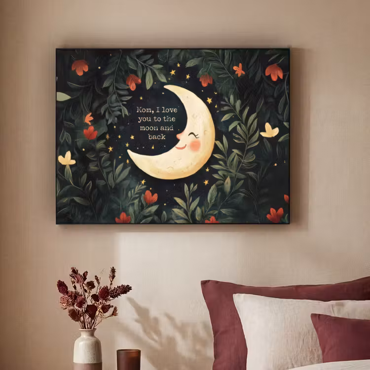 Maan - Quote - Bloemen - Sterren Textielframe zwart klein -sfeer1