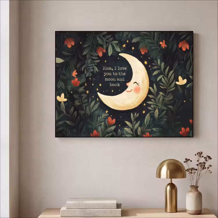 Maan - Quote - Bloemen - Sterren Textielframe zwart klein -sfeer2