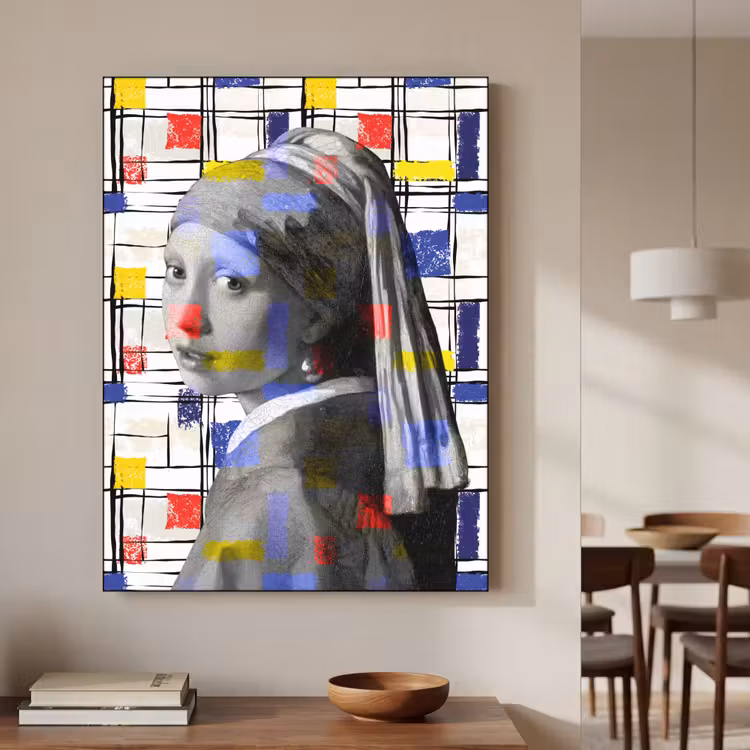 Mondriaan - Meisje met de parel - Collage Textielframe zwart klein -sfeer2