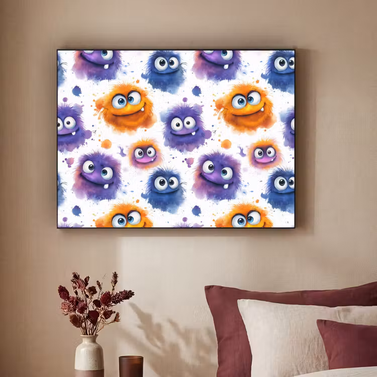 Monstertjes - Aquarel - Kleurrijk Textielframe zwart klein 947 -sfeer1