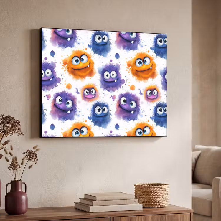 Monstertjes - Aquarel - Kleurrijk Textielframe zwart klein 947 -sfeer3