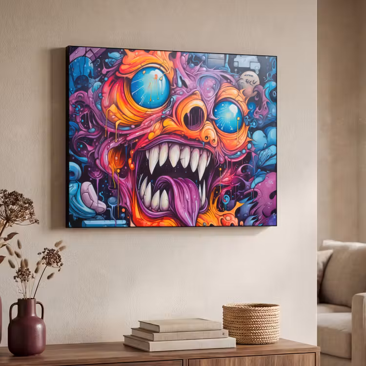 Monster - Graffiti - Kleuren - Oranje Textielframe zwart klein -sfeer3