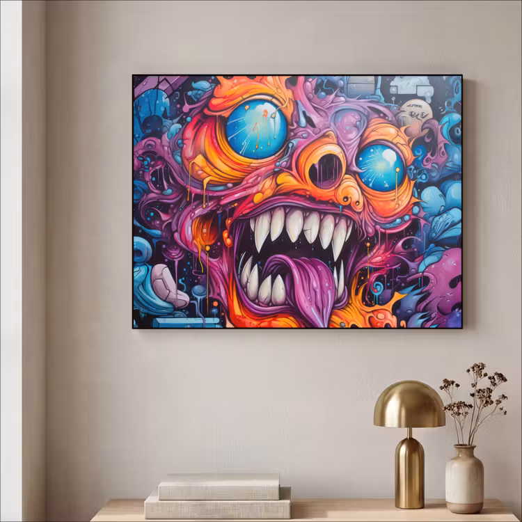 Monster - Graffiti - Kleuren - Oranje Textielframe zwart klein -sfeer2
