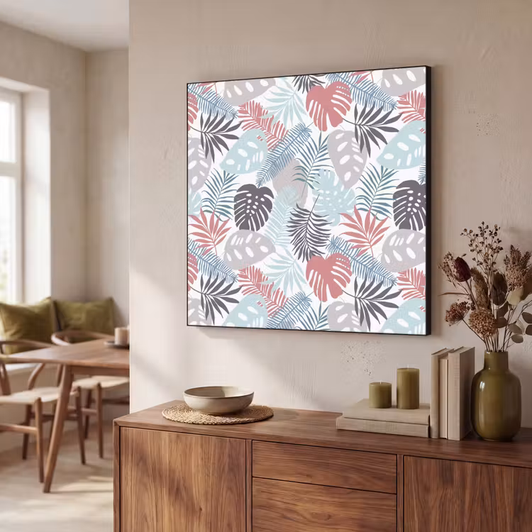 Monstera - Pastel - Bladeren - Tropical Textielframe zwart klein -sfeer3