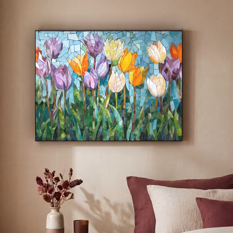 Mozaïek - Veld - Tulpen - Kleurrijk Textielframe zwart klein -sfeer1