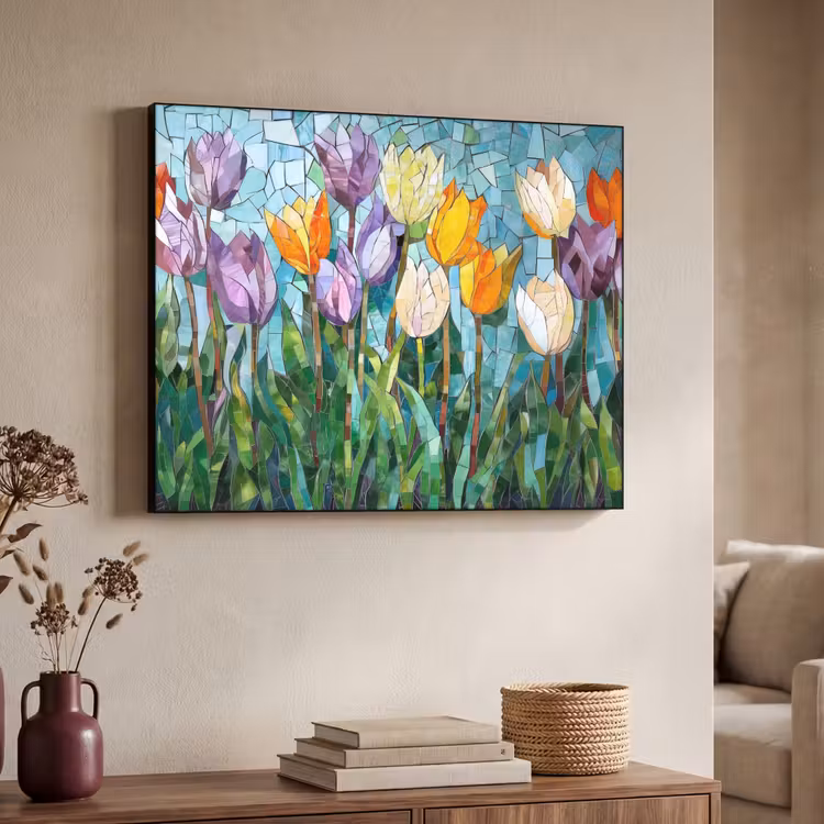 Mozaïek - Veld - Tulpen - Kleurrijk Textielframe zwart klein -sfeer3
