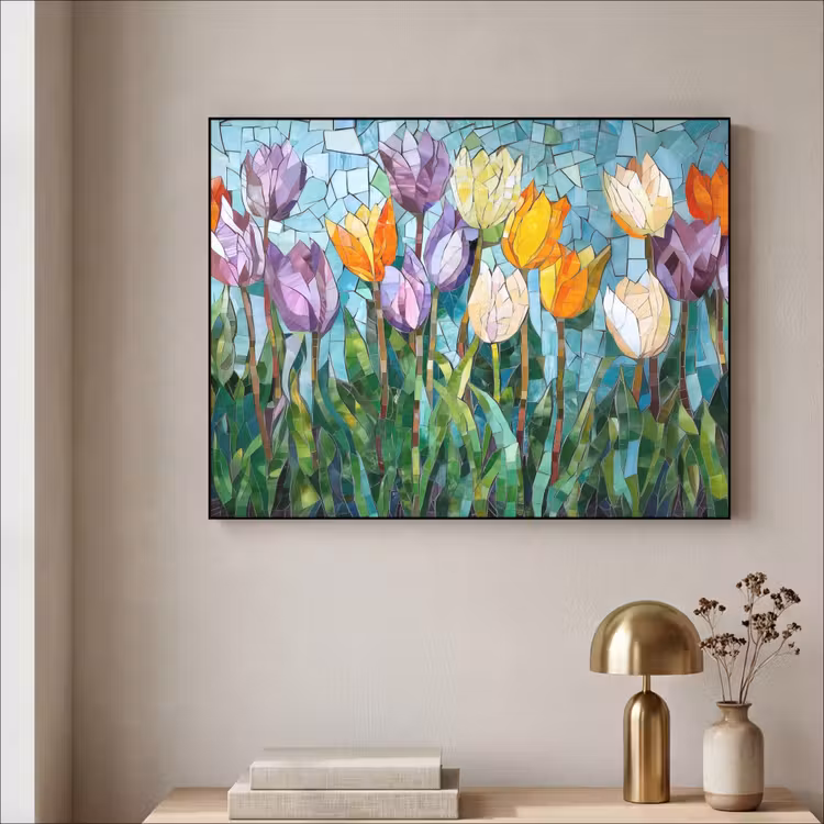 Mozaïek - Veld - Tulpen - Kleurrijk Textielframe - compleet frame klein -sfeer2