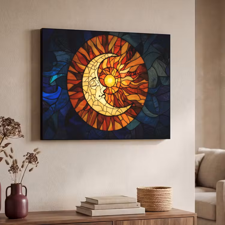 Mozaïek - Glas - Maan - Donkerblauw Textielframe - compleet frame klein -sfeer3