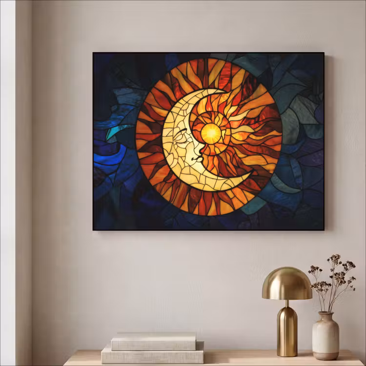 Mozaïek - Glas - Maan - Donkerblauw Textielframe zwart klein -sfeer2