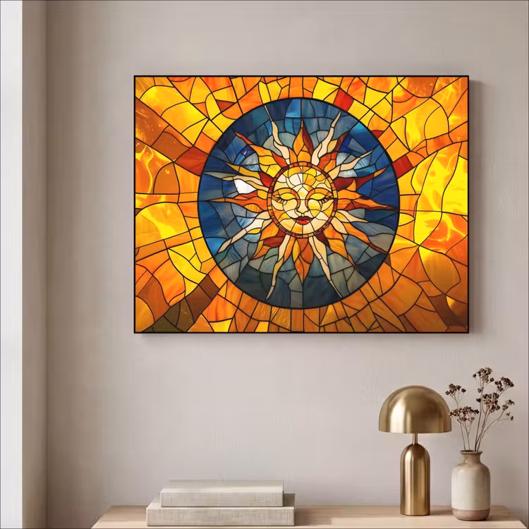 Mozaïek - Zon - Geel - Cirkel Textielframe - compleet frame klein -sfeer2