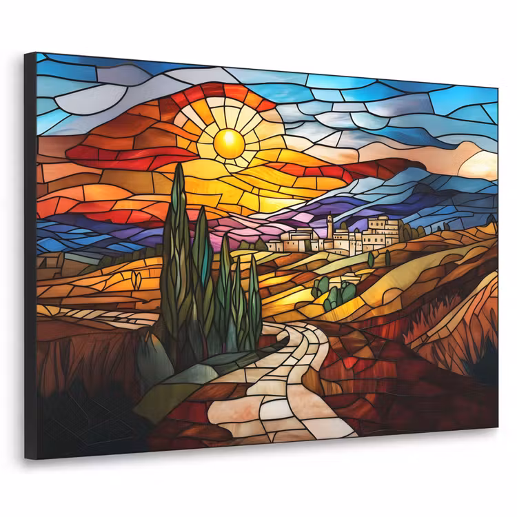 Mozaïek - Zon - Landschap - Dorp Textielframe - compleet frame klein -3d
