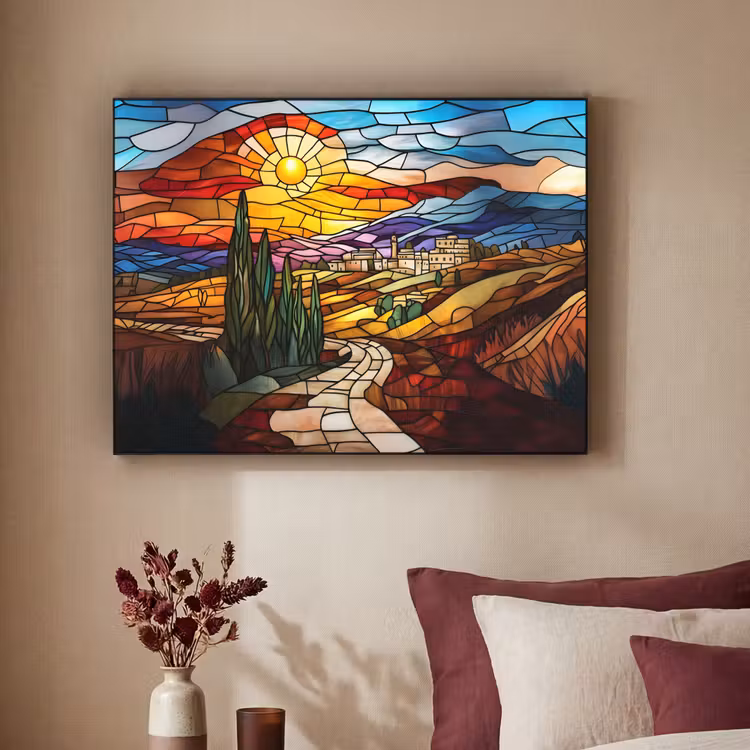 Mozaïek - Zon - Landschap - Dorp Textielframe - compleet frame klein -sfeer1