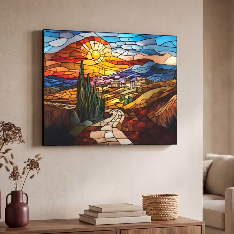 Mozaïek - Zon - Landschap - Dorp Textielframe - compleet frame klein -sfeer3