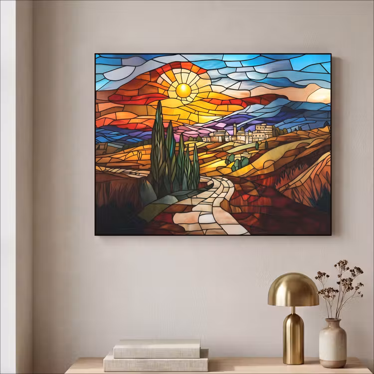Mozaïek - Zon - Landschap - Dorp Textielframe zwart klein -sfeer2