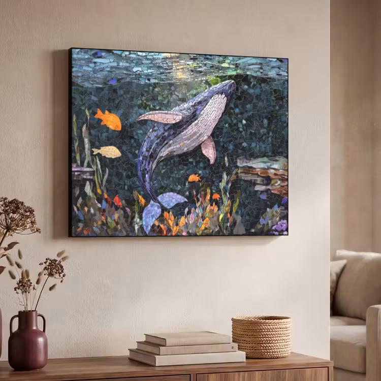 Mozaïek - Walvis - Koraal - Water Textielframe zwart klein -sfeer3