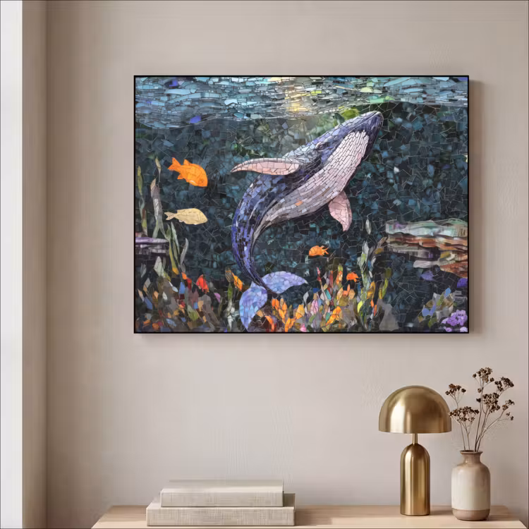 Mozaïek - Walvis - Koraal - Water Textielframe zwart klein -sfeer2