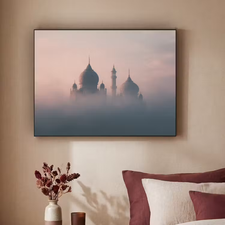 Moskee - Minaretten - mist - Islamitisch Textielframe - compleet frame klein -sfeer1
