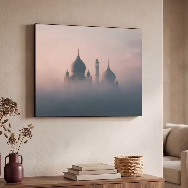 Moskee - Minaretten - mist - Islamitisch Textielframe - compleet frame klein -sfeer3