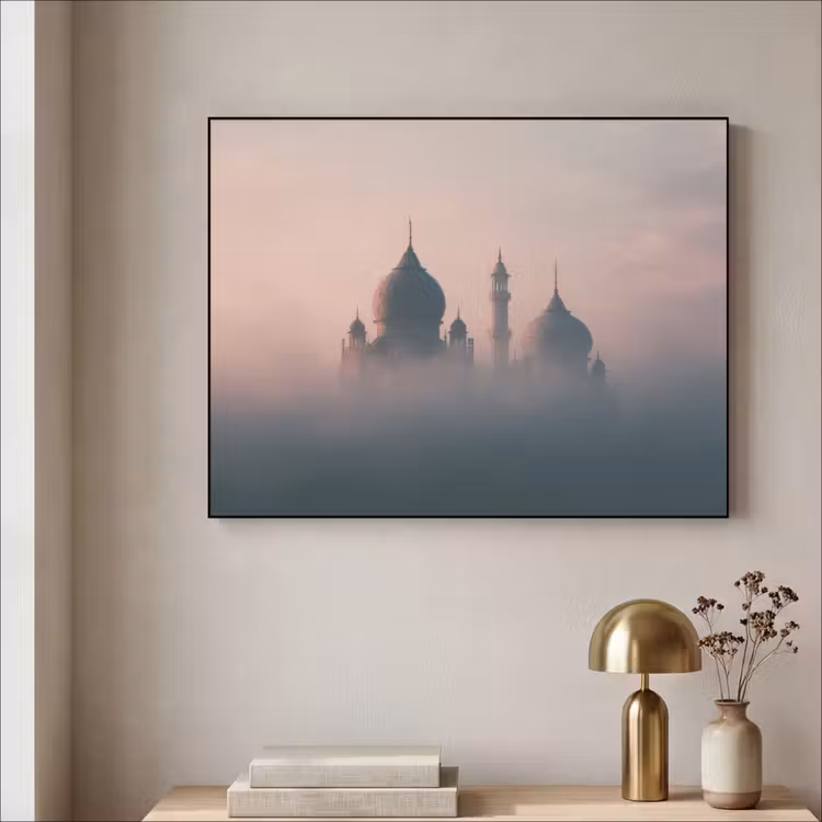 Moskee - Minaretten - mist - Islamitisch Textielframe - compleet frame klein -sfeer2