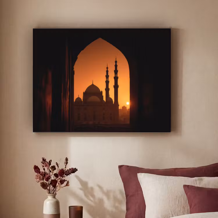 Moskee - Oranje lucht - Islamitisch Textielframe - compleet frame klein -sfeer1