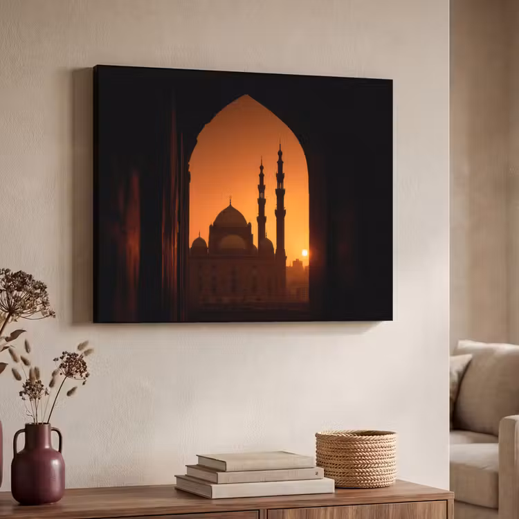 Moskee - Oranje lucht - Islamitisch Textielframe zwart klein -sfeer3