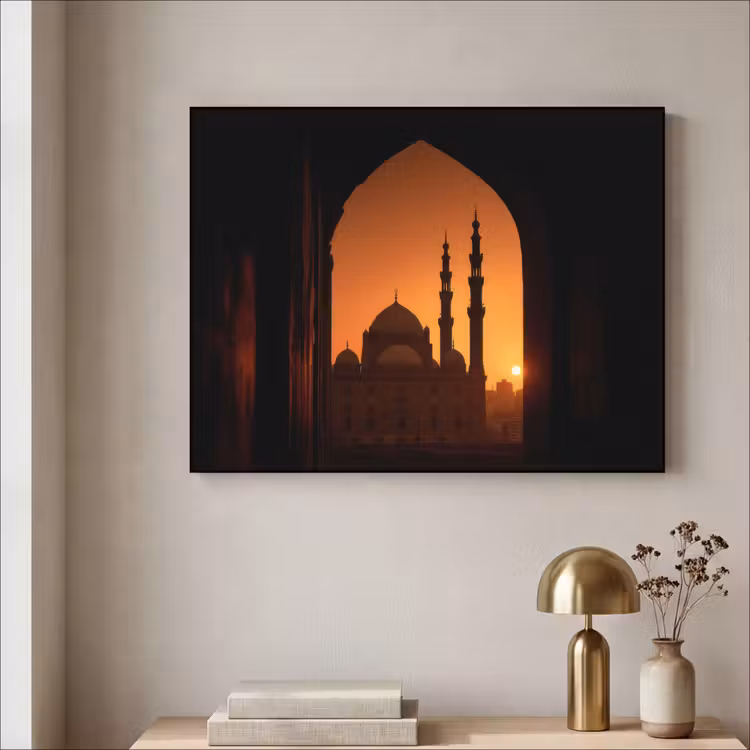 Moskee - Oranje lucht - Islamitisch Textielframe - compleet frame klein -sfeer2
