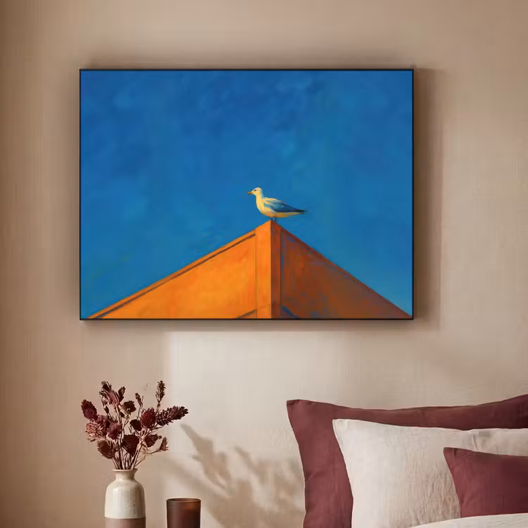 Meeuw - Gebouw - Lucht - Geschilderd Textielframe - compleet frame klein -sfeer1