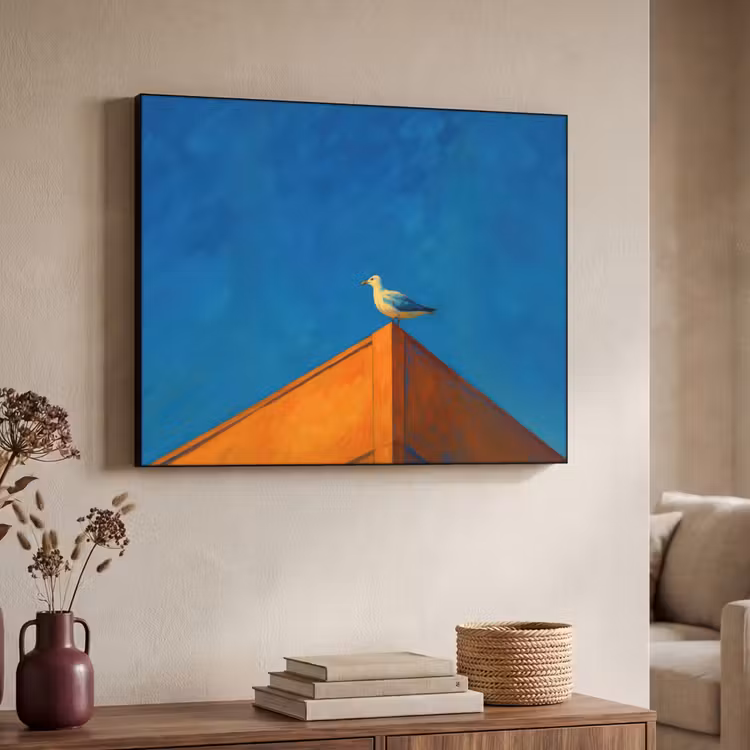 Meeuw - Gebouw - Lucht - Geschilderd Textielframe zwart klein -sfeer3
