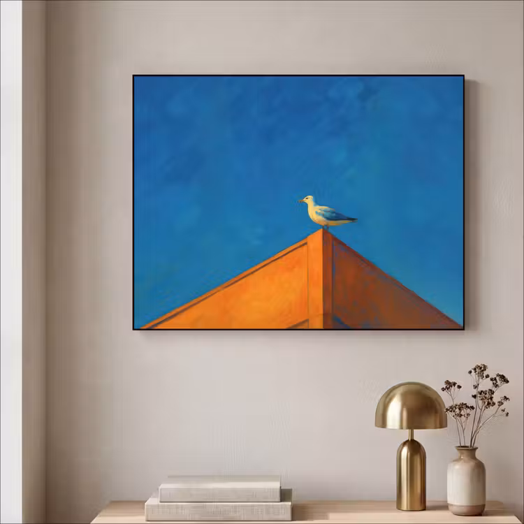 Meeuw - Gebouw - Lucht - Geschilderd Textielframe - compleet frame klein -sfeer2