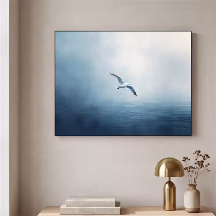 Meeuw - Wit - Zee - Mistig Textielframe - compleet frame klein -sfeer2