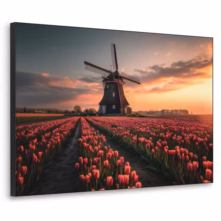 Molen - Zonsondergang - Tulpen - Rood Textielframe zwart klein -3d