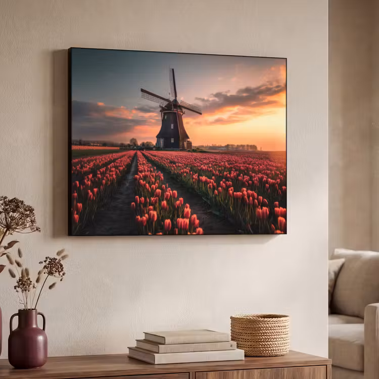 Molen - Zonsondergang - Tulpen - Rood Textielframe zwart klein -sfeer3