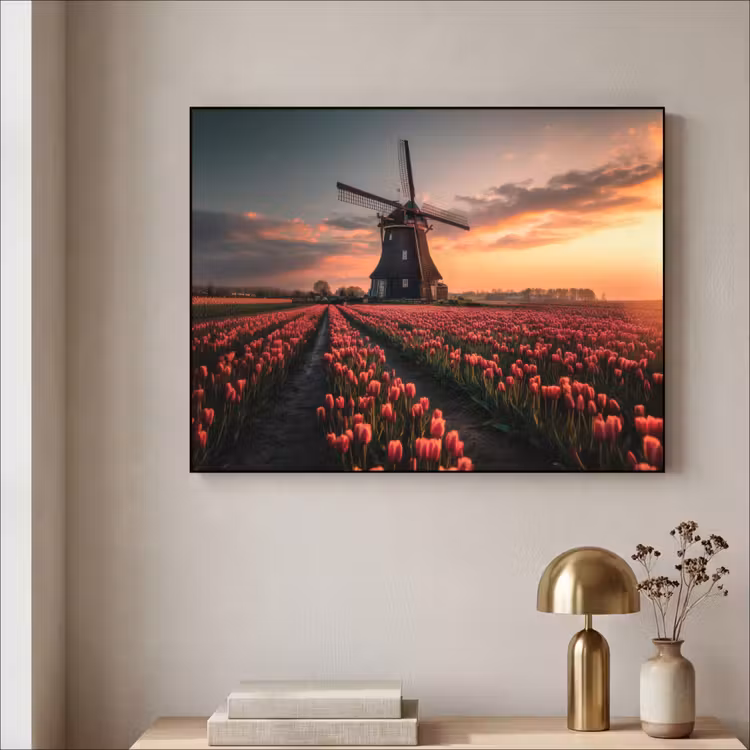 Molen - Zonsondergang - Tulpen - Rood Textielframe - compleet frame klein -sfeer2