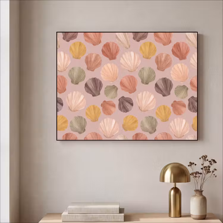 Schelp - Patroon - Zee - Aquarel - Aardetinten Textielframe zwart klein -sfeer2