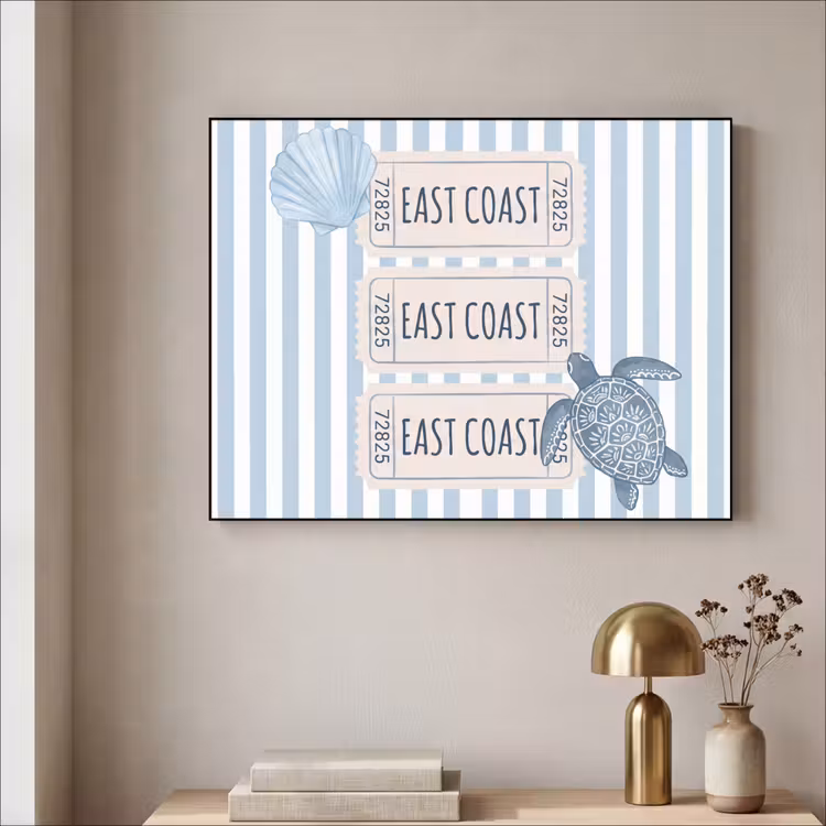 Schelp - Oceaan - Kust - Blauw - Illustratie Textielframe zwart klein -sfeer2