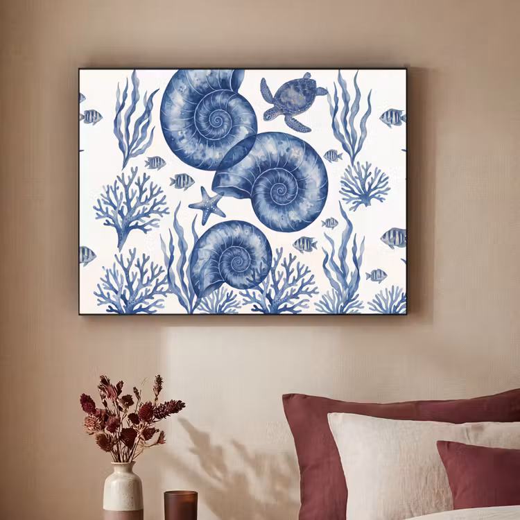 Schelp - Spiraal - Zeeleven - Aquarel - Blauw Textielframe zwart klein -sfeer1