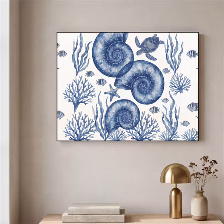 Schelp - Spiraal - Zeeleven - Aquarel - Blauw Textielframe zwart klein -sfeer2