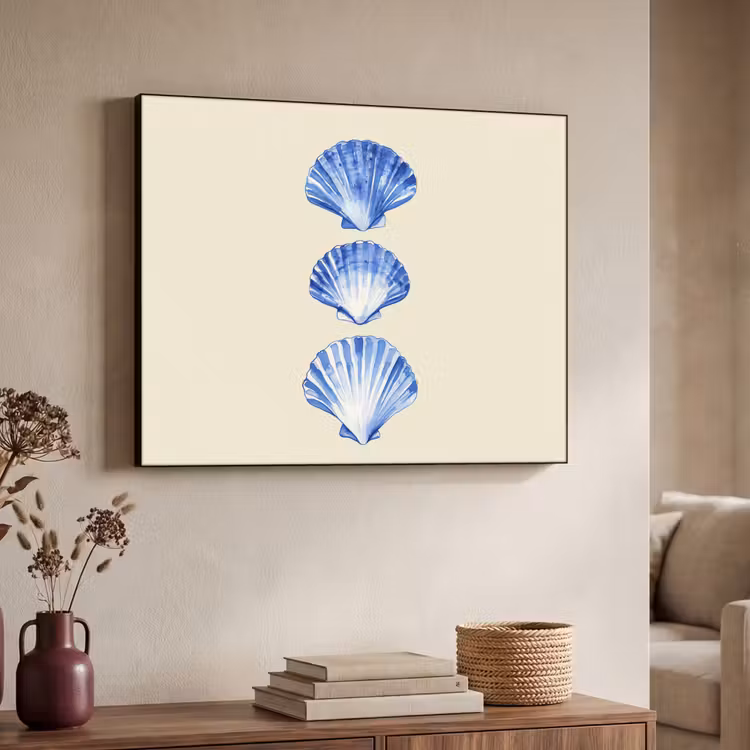 Schelpen - Blauw - Beige Textielframe zwart klein -sfeer3