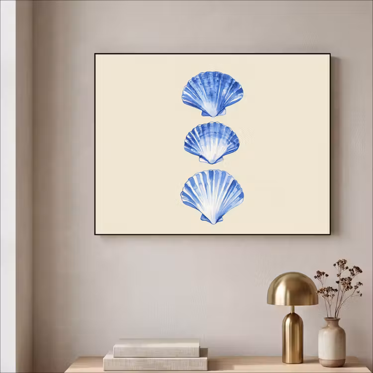 Schelpen - Blauw - Beige Textielframe zwart klein -sfeer2