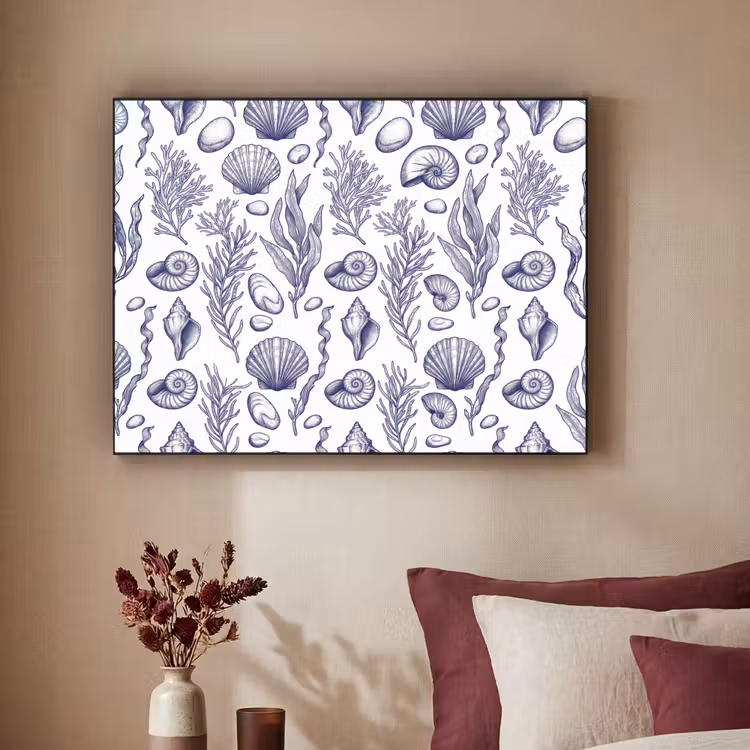 Schelpen - Zeewier - Oceaan - Illustratie - Blauw Textielframe zwart klein -sfeer1