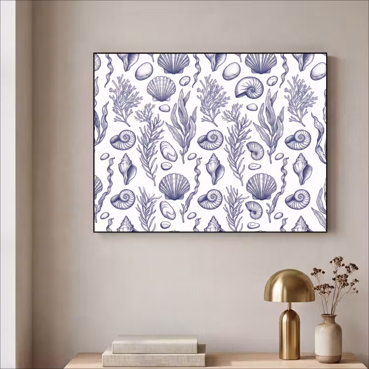 Schelpen - Zeewier - Oceaan - Illustratie - Blauw Textielframe zwart klein -sfeer2