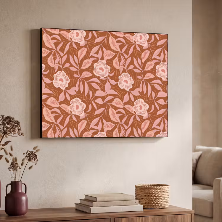 Patroon - Bladeren - Terracotta Textielframe zwart klein 947 -sfeer3