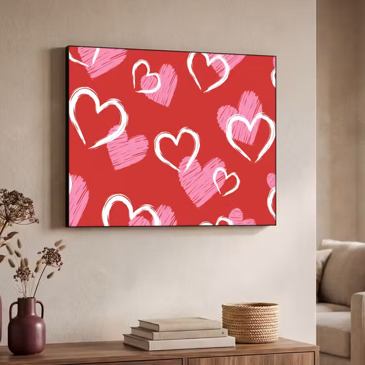 Patroon - Hartjes - Roze - Valentijn Textielframe zwart klein -sfeer3