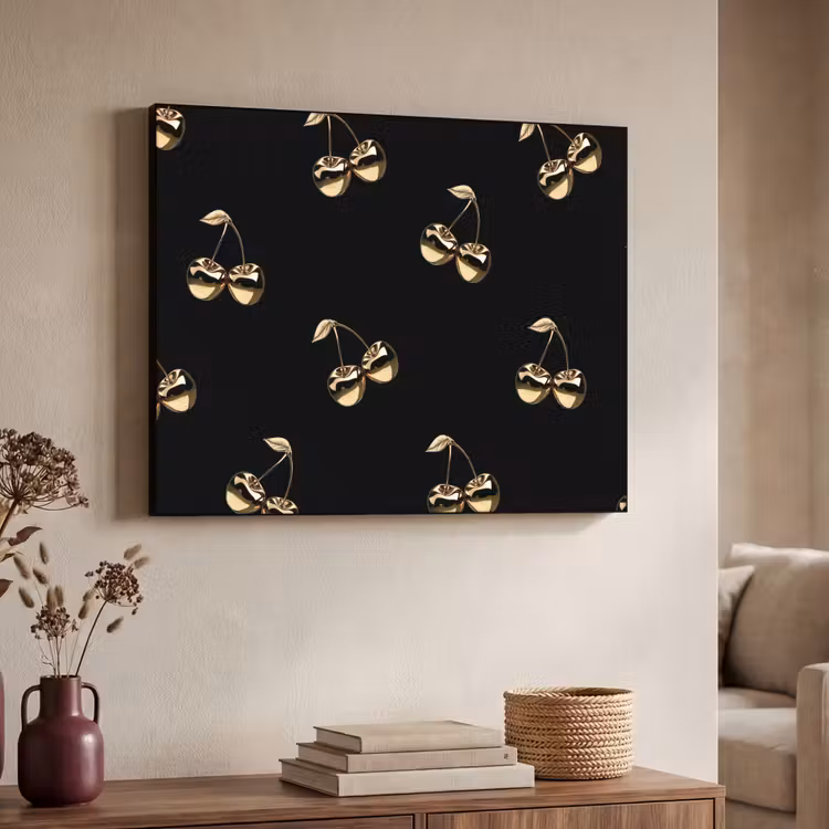 Patroon - Kersen - Goud - Chrome Textielframe - compleet frame klein -sfeer3
