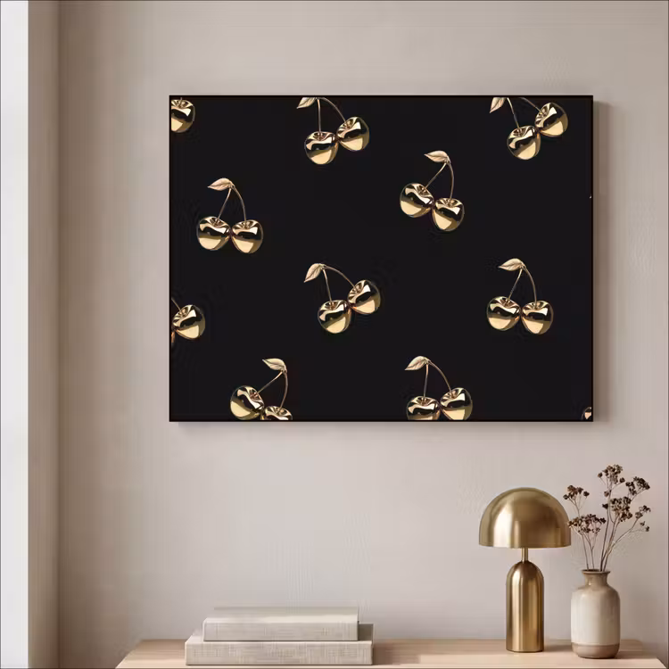 Patroon - Kersen - Goud - Chrome Textielframe zwart klein -sfeer2