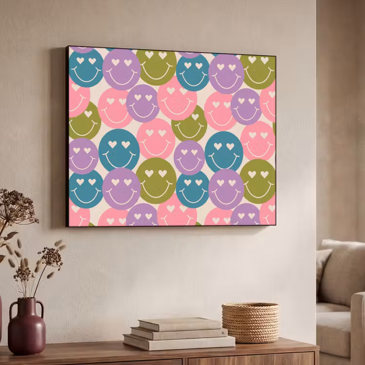 Patroon - Smiley - Kleurrijk - Hartjes Textielframe zwart klein 947 -sfeer3